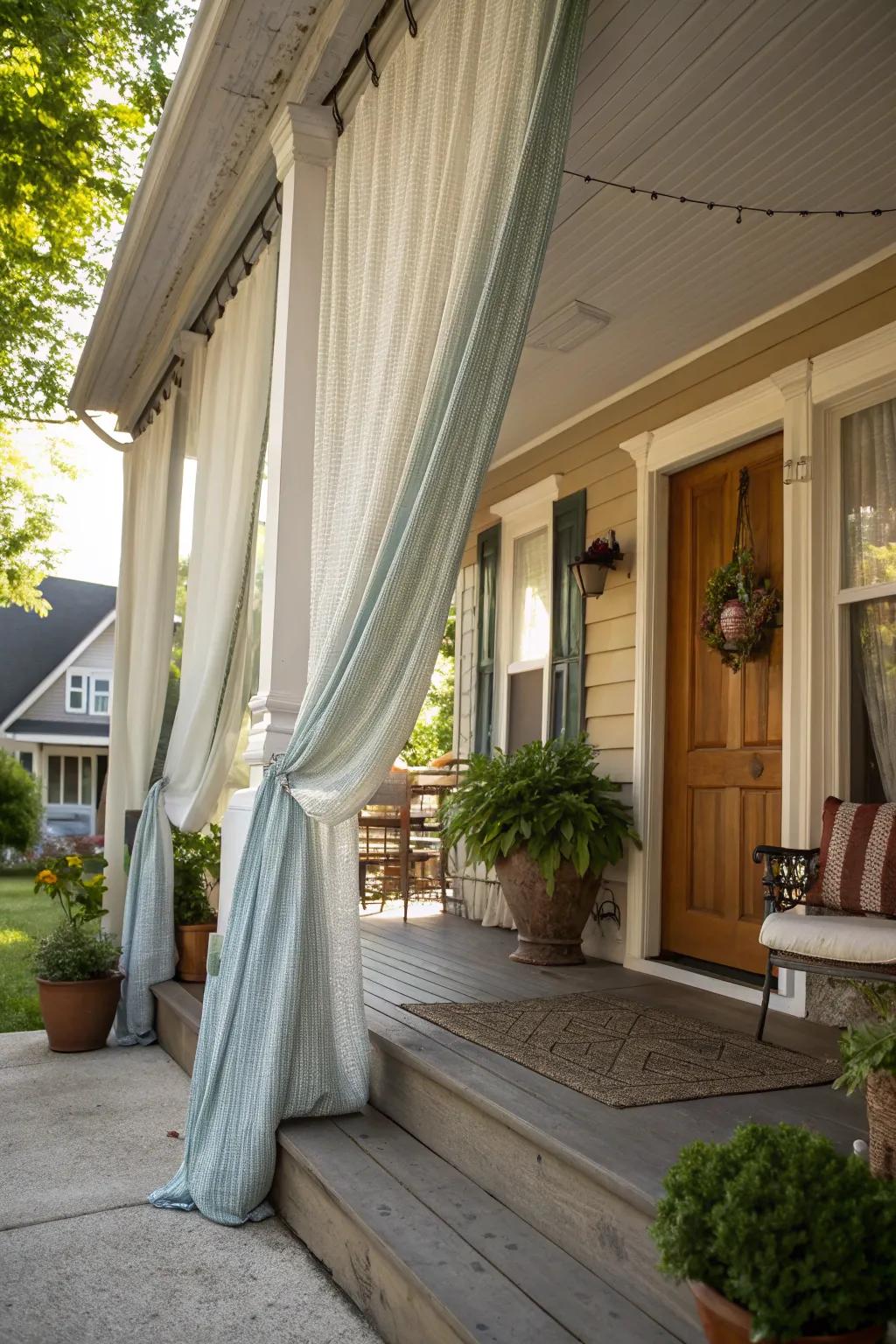 Exterior drapery delivering seclusion and sophistication on a delightful front porch.