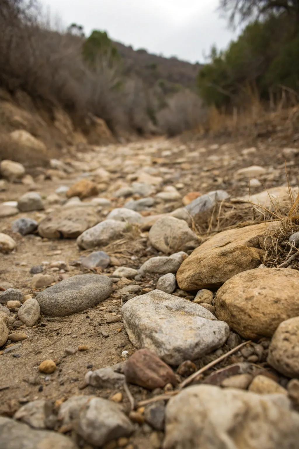 Integrate different rock surfaces to achieve a full, layered effect in your dry creek bed.