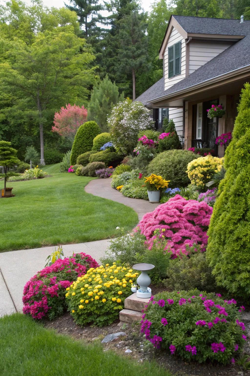 Evergreens and seasonal flowers create a striking contrast.