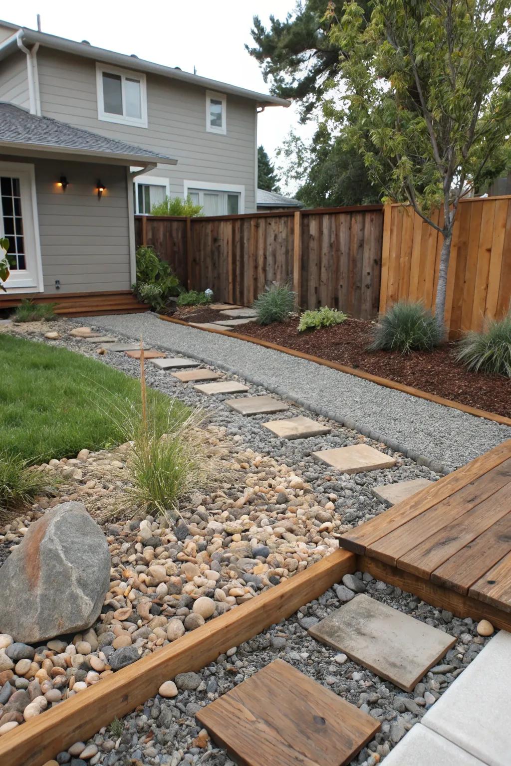A harmonious blend of gravel textures and wood detailing creates a stunning visual contrast.