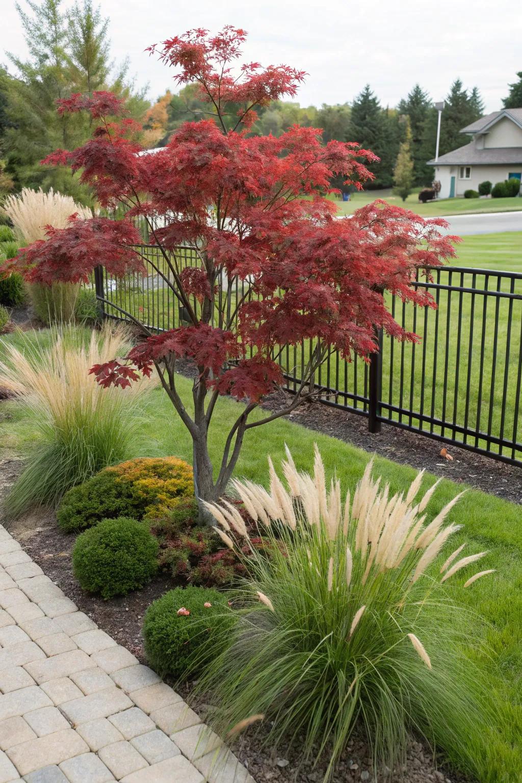 Decorative grasses enhance the form of the Japanese maple tree, enriching the yard's inherent allure.