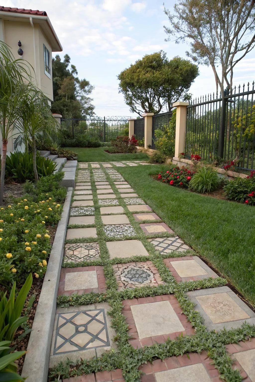 Patterned pavers lend style and texture to a front garden walkway.