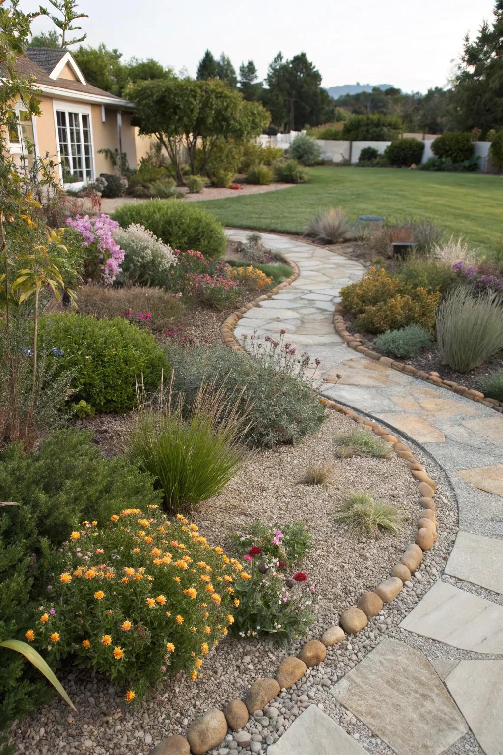 Gravel and stone walkways contribute both structure and sophistication to a xeriscape garden.