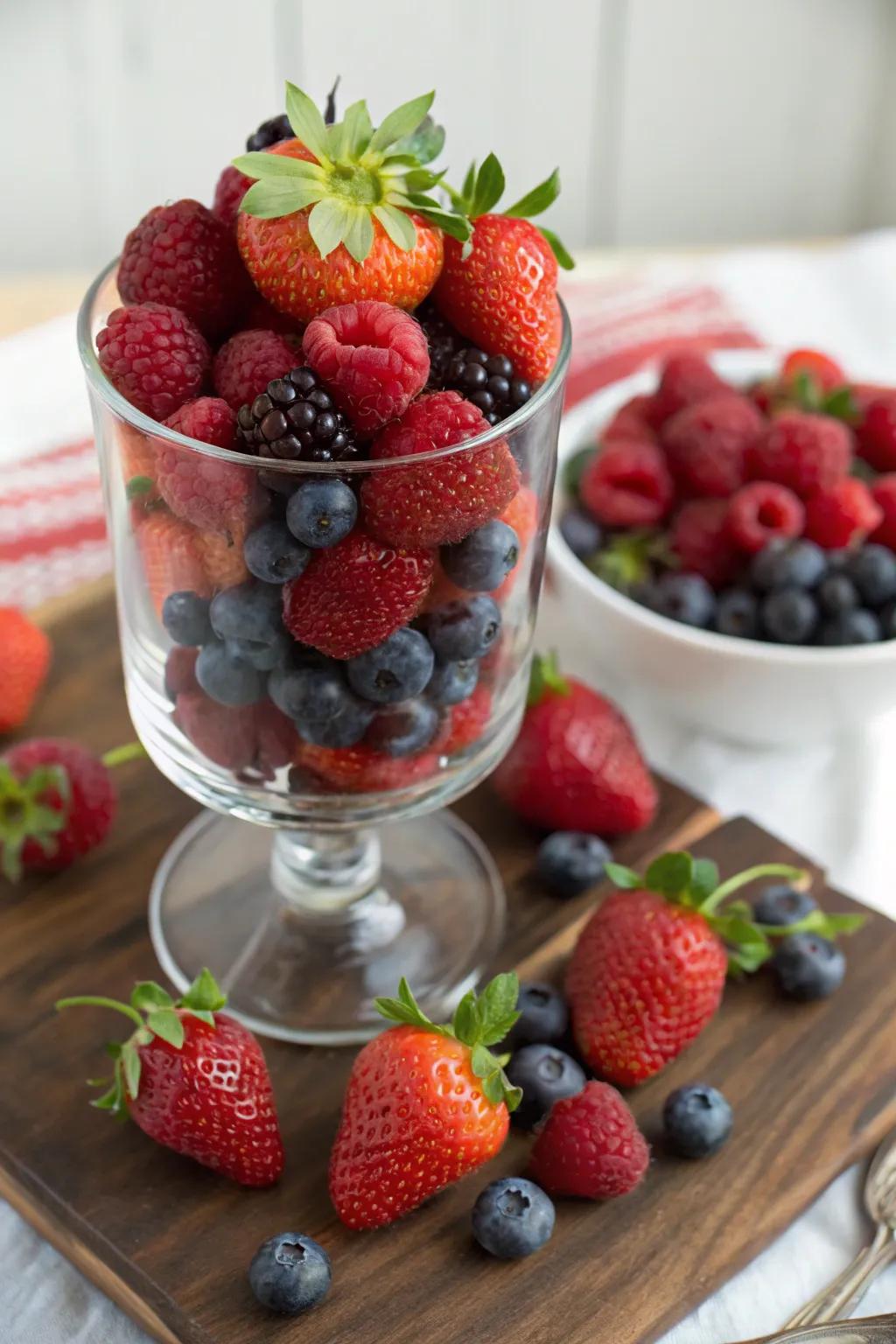 A kaleidoscopic berry arrangement, both ornamental and scrumptious.