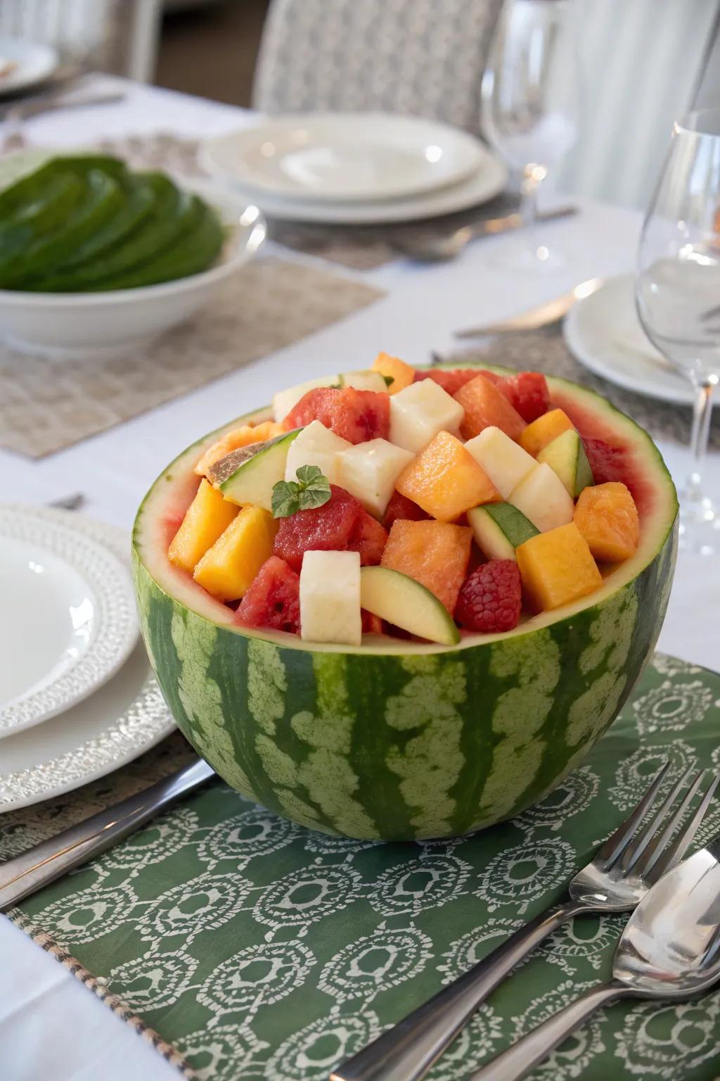 A sculpted watermelon vessel laden with fruit cubes bestows a rustic allure.