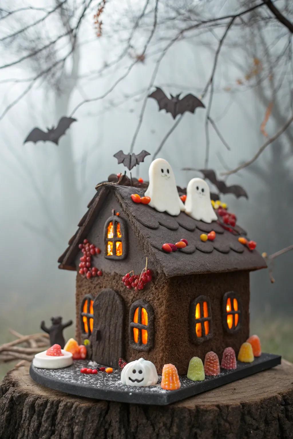 An eerie gingerbread house with a Halloween theme