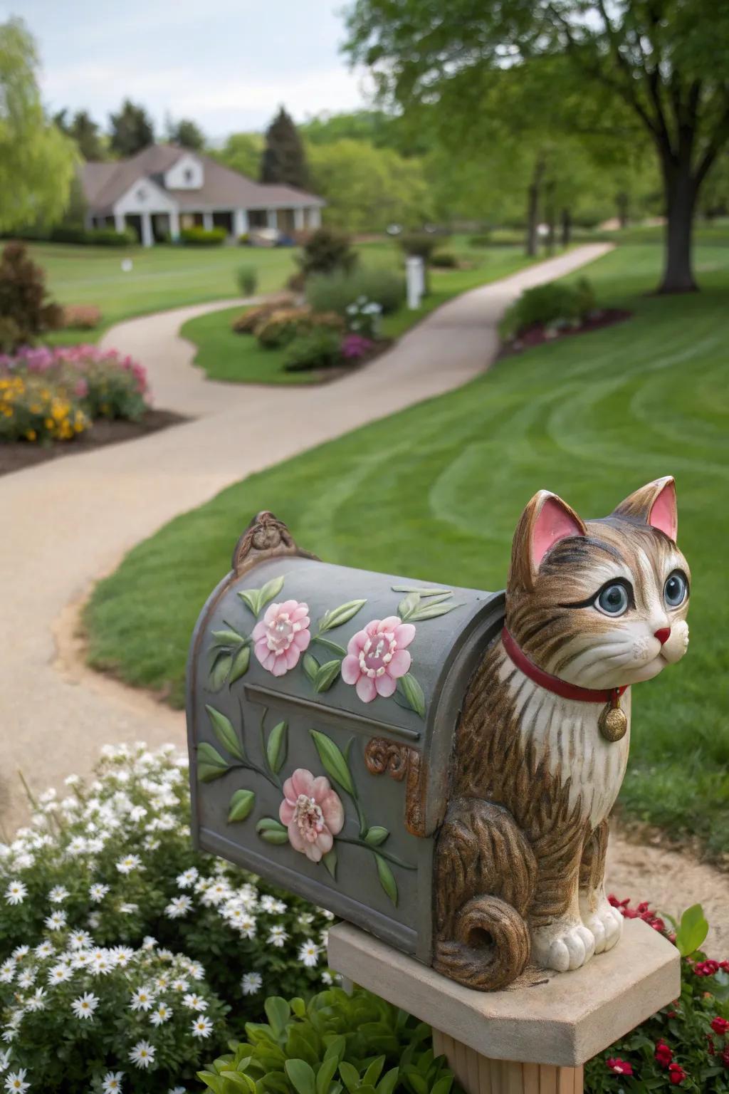 A delightful feline-shaped mailbox that infuses the garden with a whimsical essence.