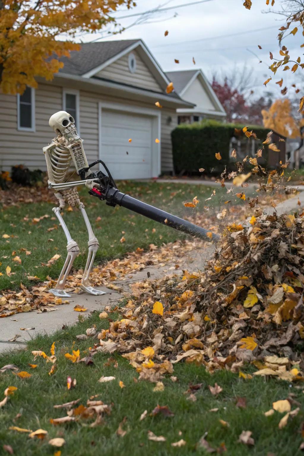 A skeleton tackling yard chores with a leaf blower.