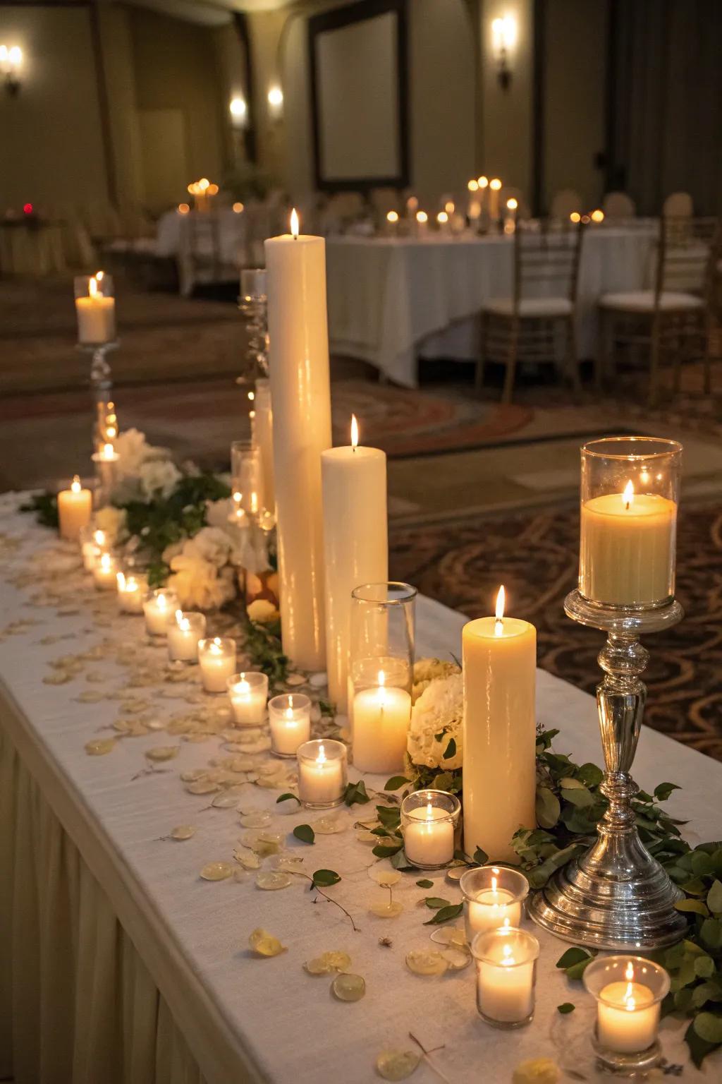 Candlelit sentiment displayed with a diverse selection of candles gracing a gala table.