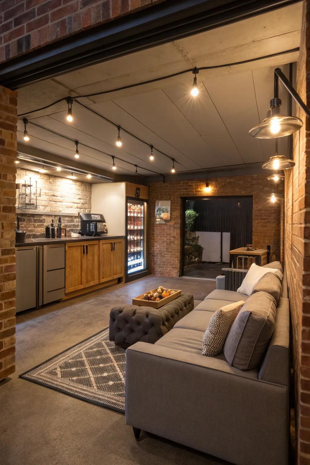 A garage ingeniously designed to serve as a fashionable lounge for entertaining.