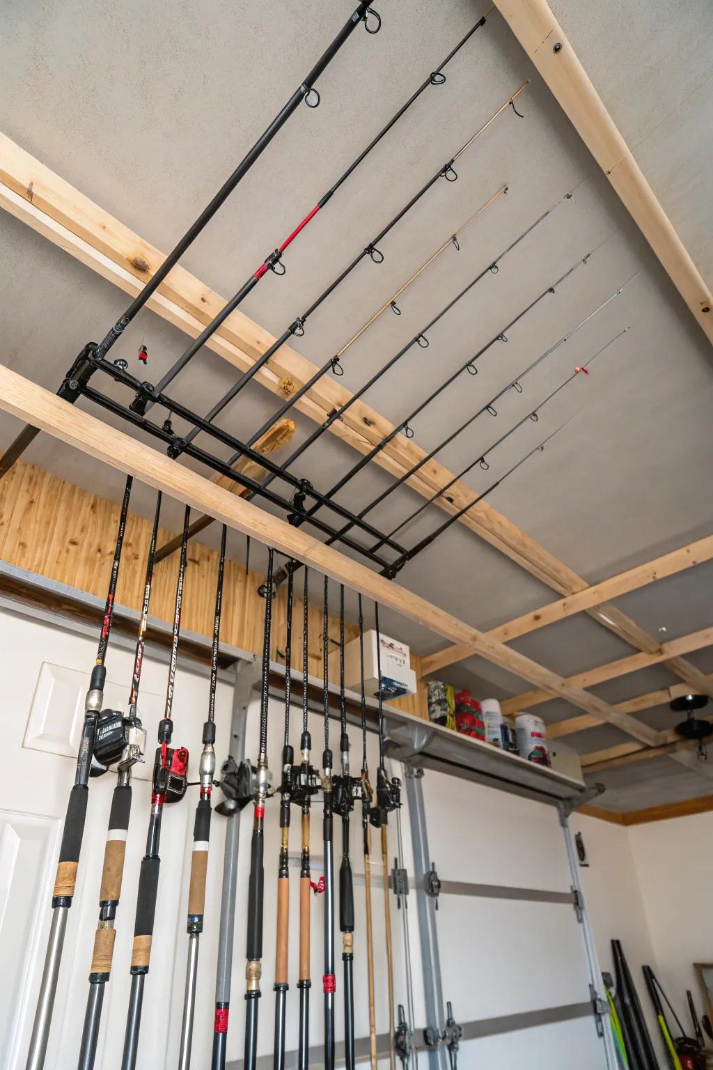 Overhead pole mounts enhance storage capabilities while displaying your valued fishing poles.