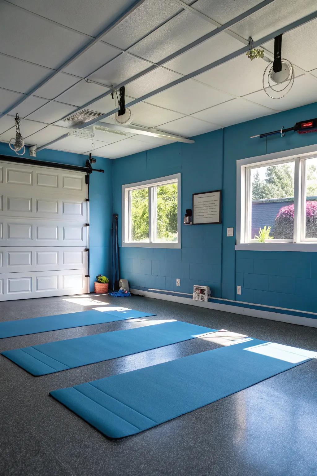 Azure walls establish a serene zone ideal for yoga and recuperation.