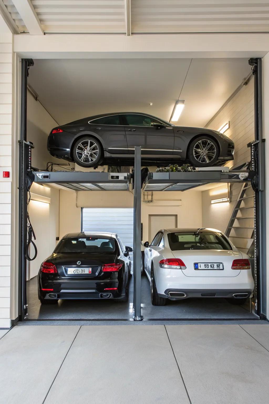 A quad-column elevator permits vertical vehicle stacking, thereby optimizing garage space.