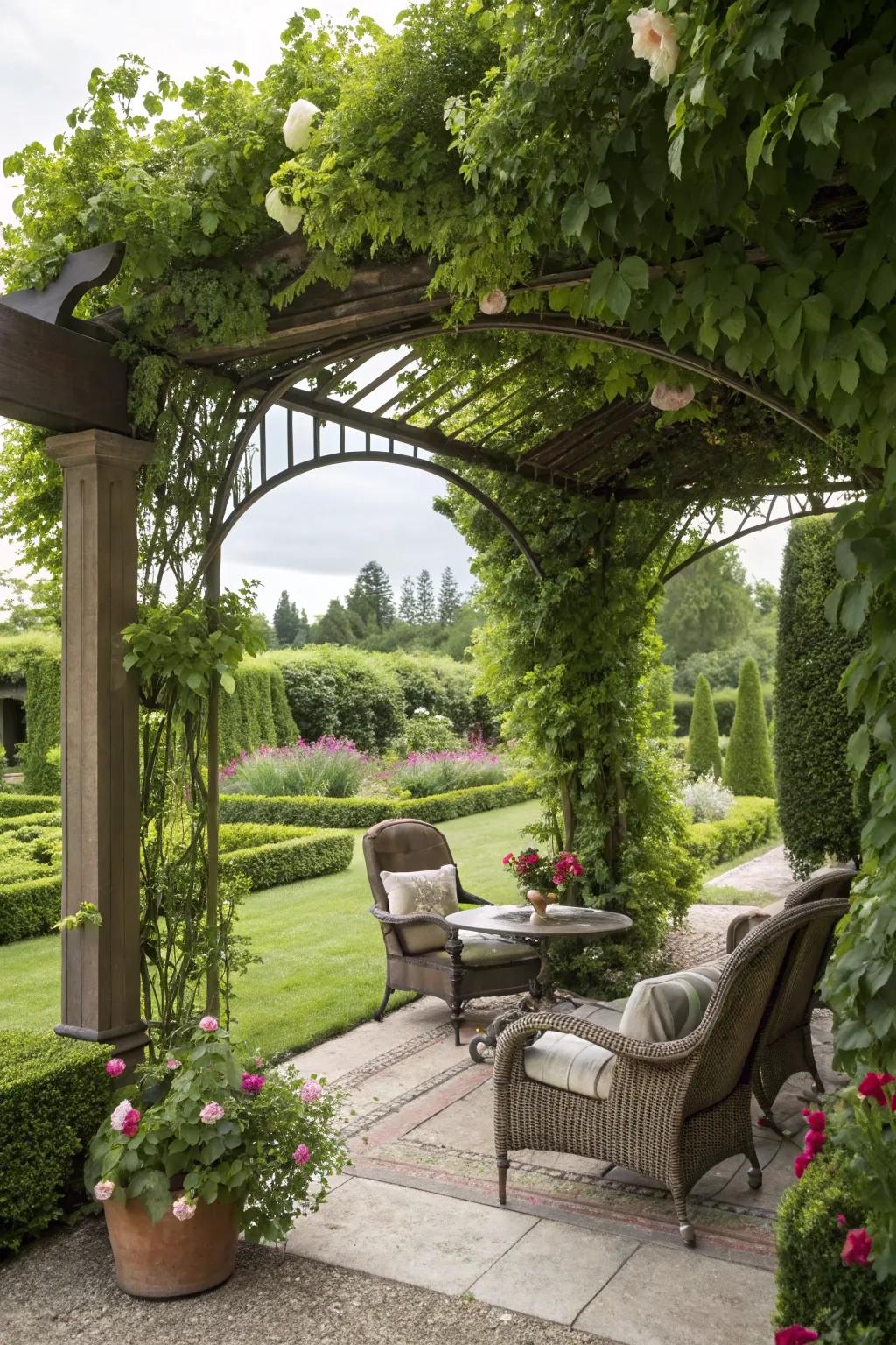 An impeccable setting for repose beneath an arbor embellished with verdure.