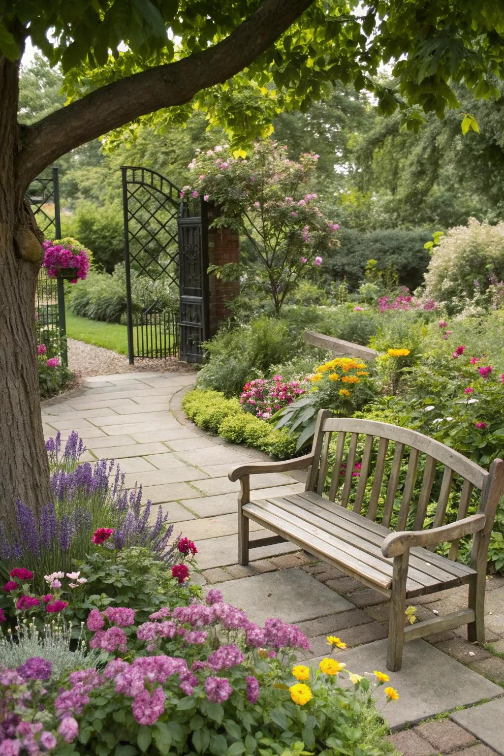 An inviting garden sitting spot with a timber seat encompassed by vibrant plants.