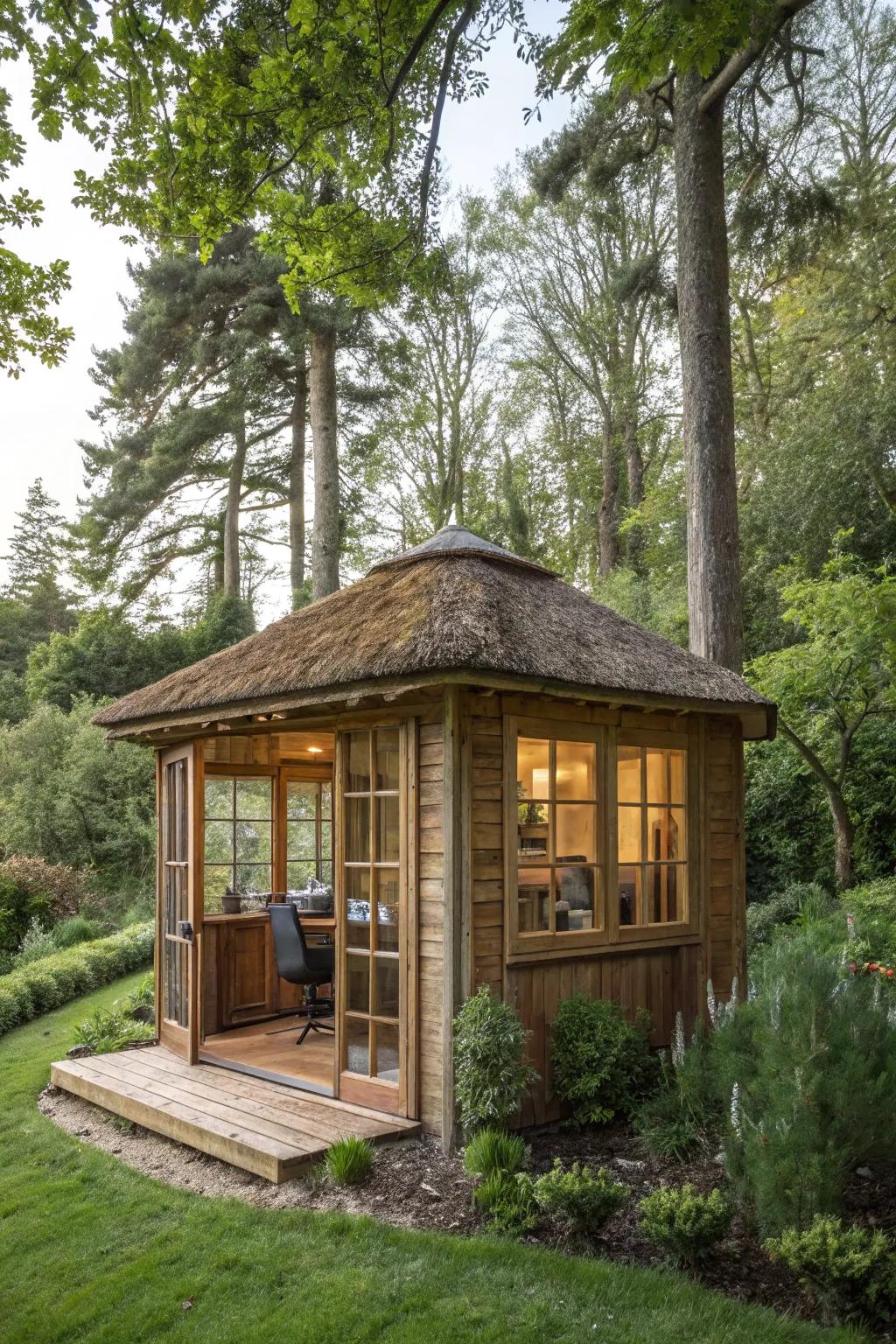 A welcoming timber retreat nestled in the garden, blending harmoniously with its natural environment.