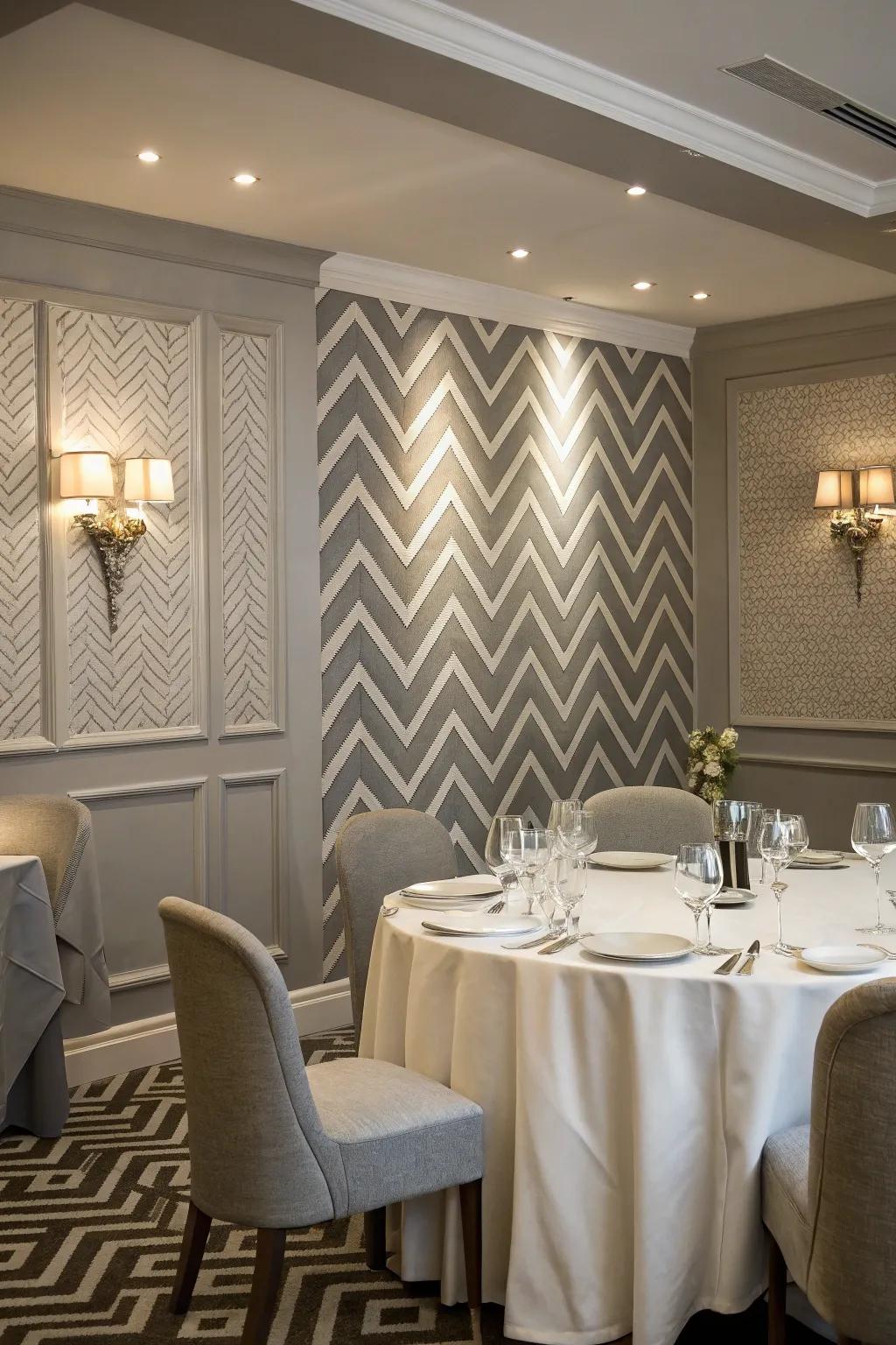 Stylish chevron compositions for a dining area.