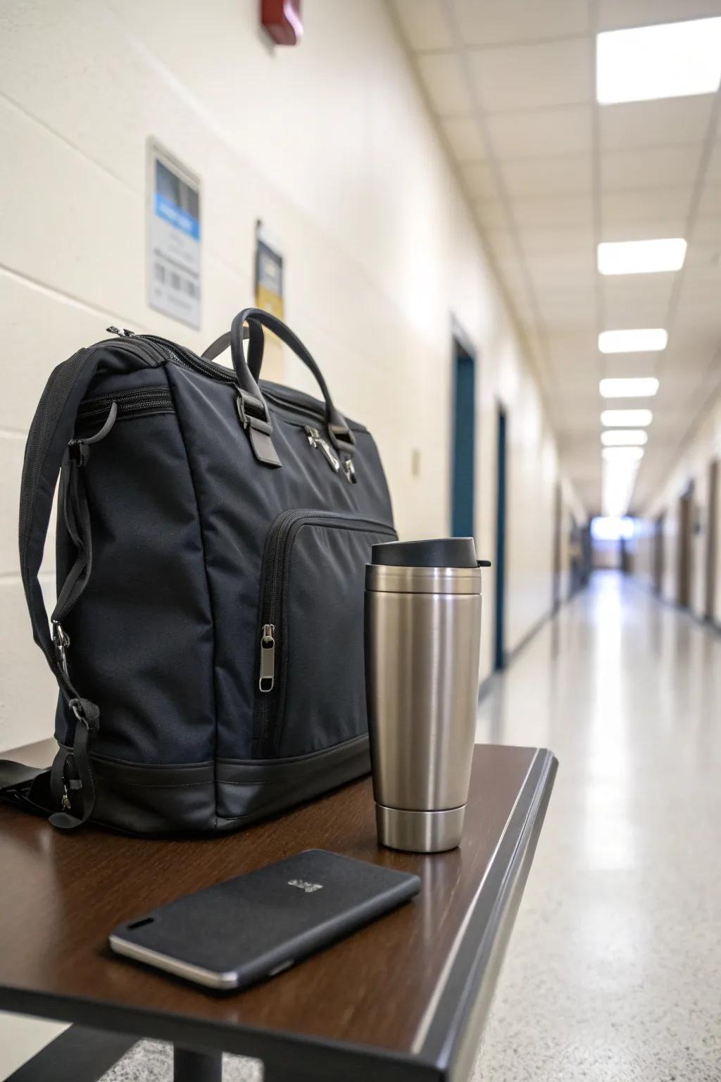 A stylish temperature-controlled travel mug prepared for the forthcoming day.
