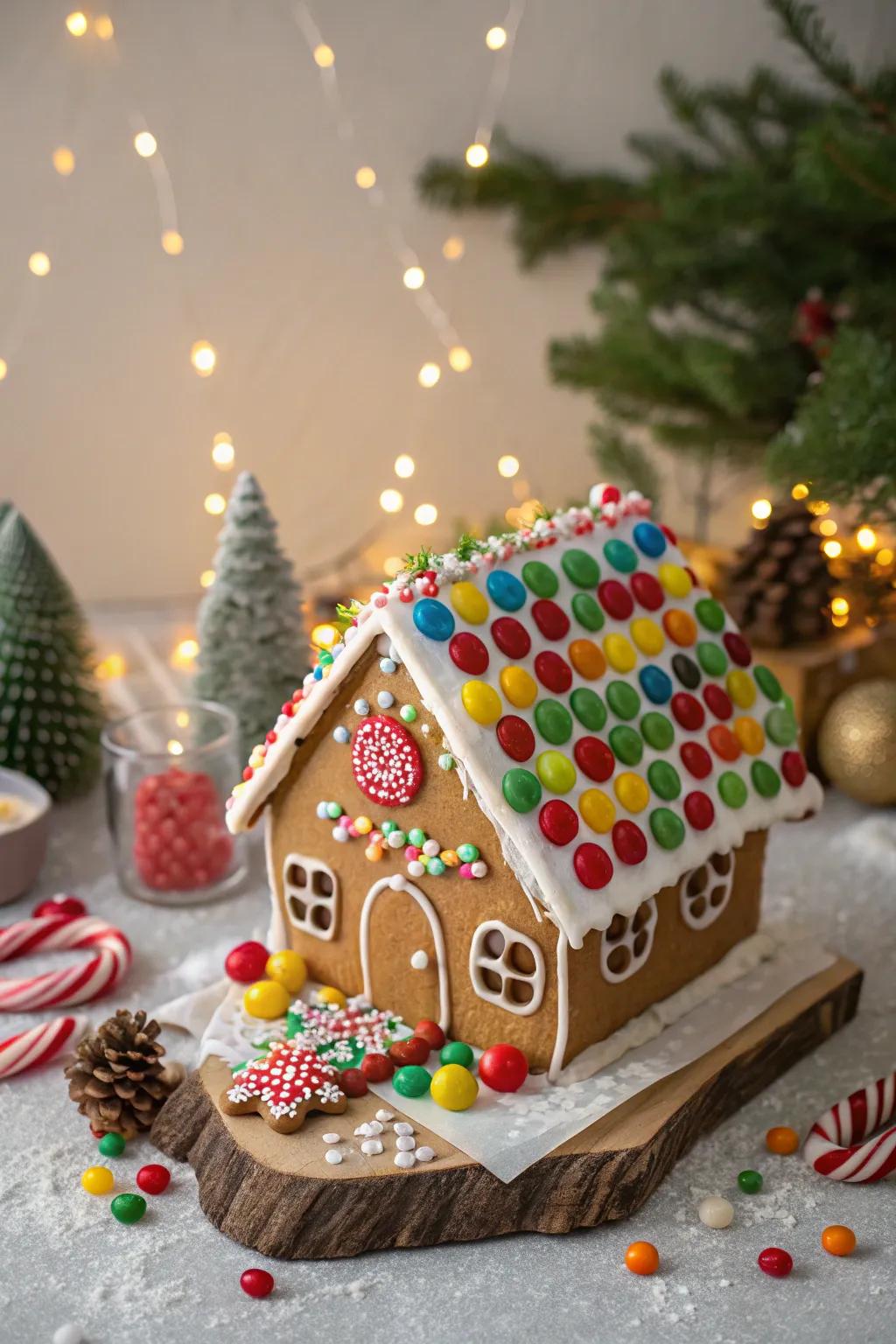 A lively gingerbread roof covered in jellies.