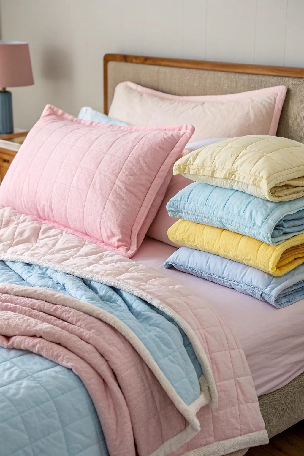 Layered bedding in soft shades for the utmost comfort.