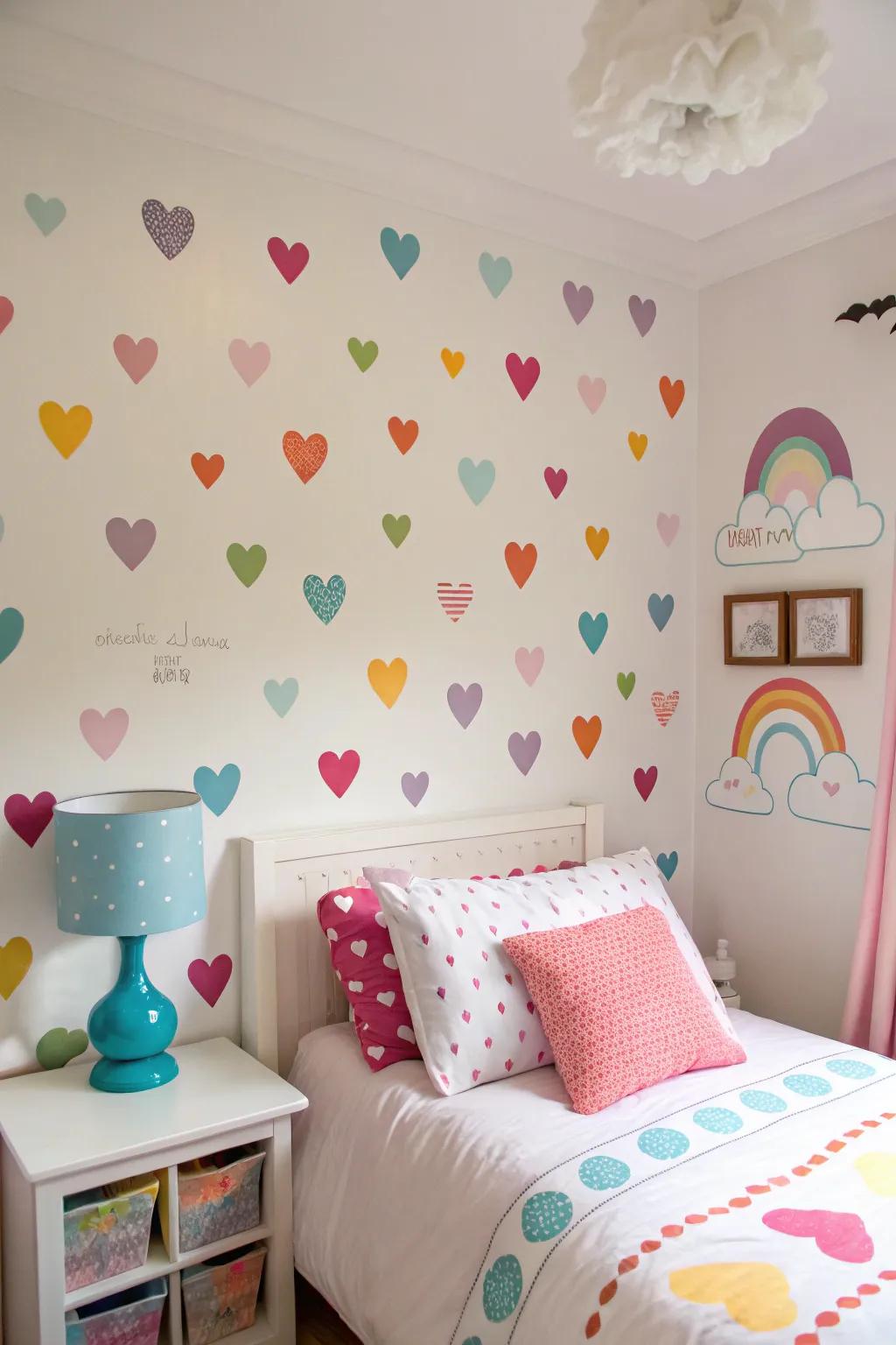 Playful nimbus and heart decals bring personality to the bedroom.