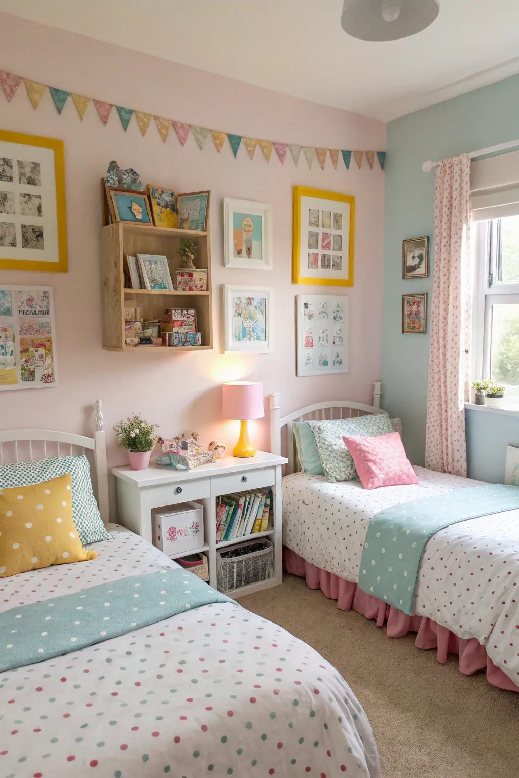 Tinted colors establish a serene atmosphere in a shared girls' bedroom, optimal for both rest and recreation.