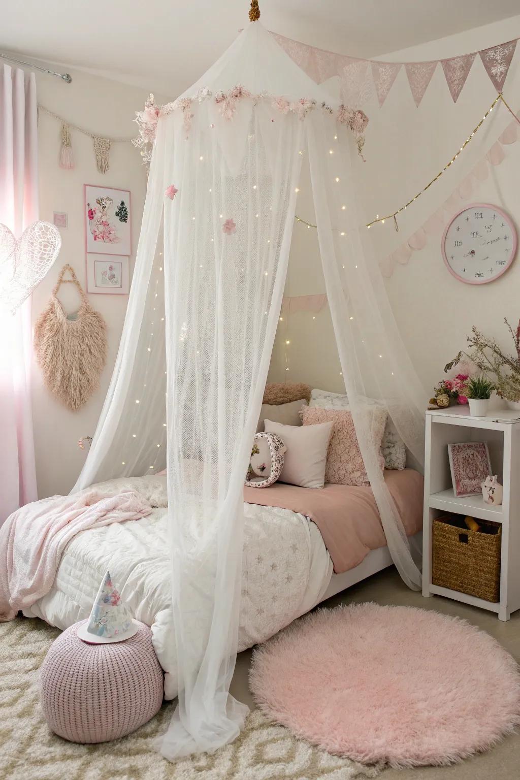 An alluring canopied bed enveloped in sheer sophistication.