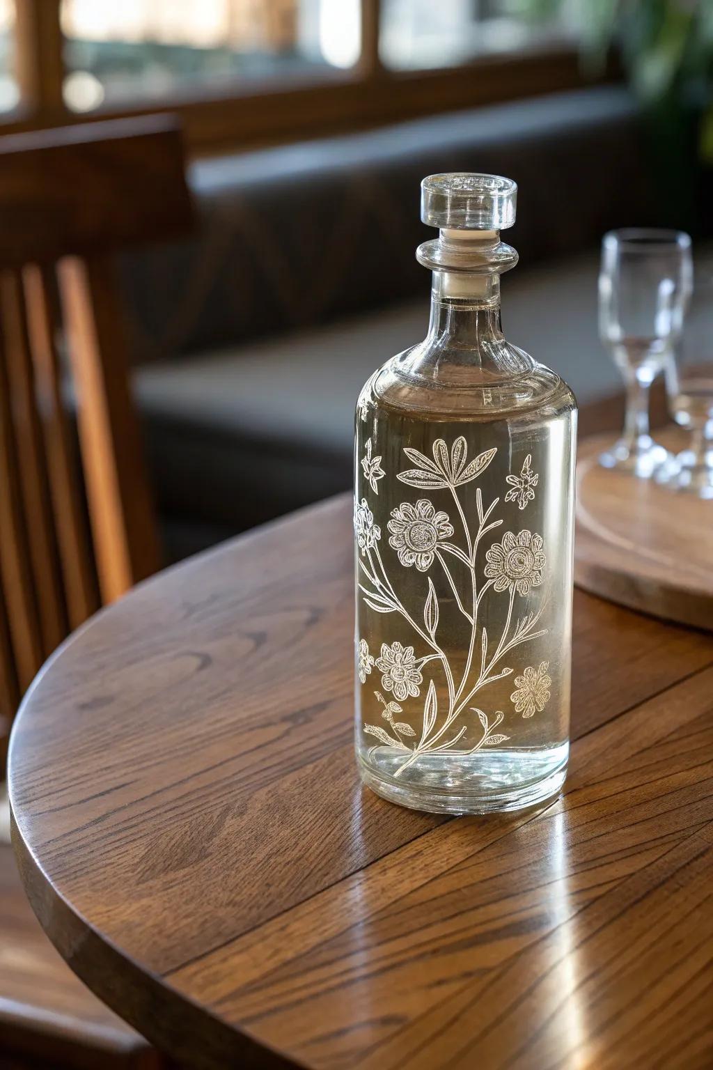 An etched glass bottle showcasing detailed floral artwork.