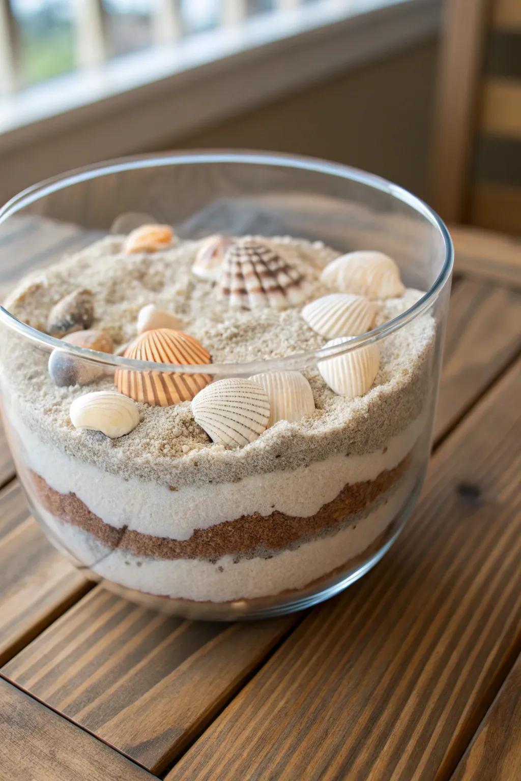 Glass bowls featuring layered sand and seashells transport the beach into your home.