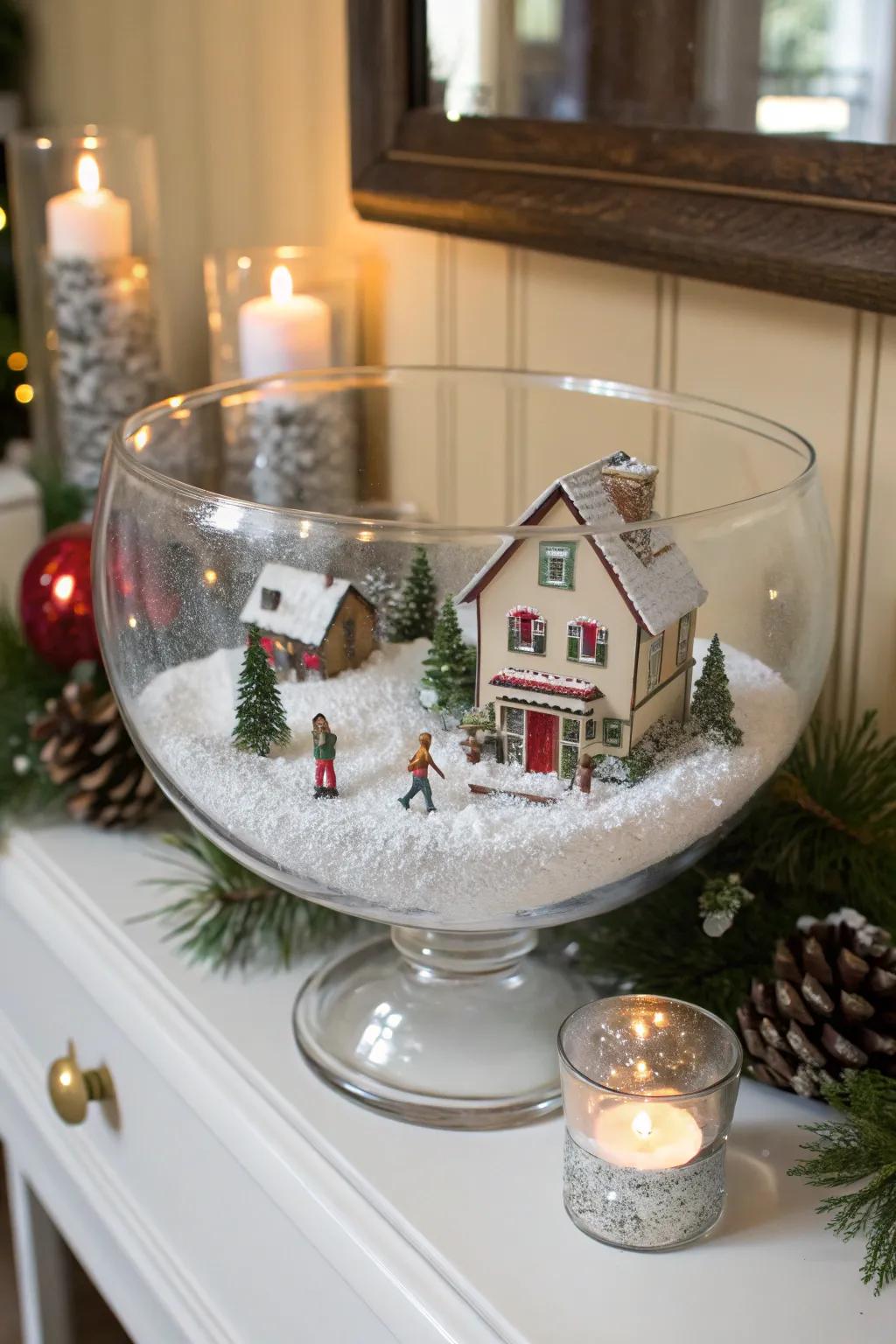 A charming snowy village scene showcased within a crystal vessel.