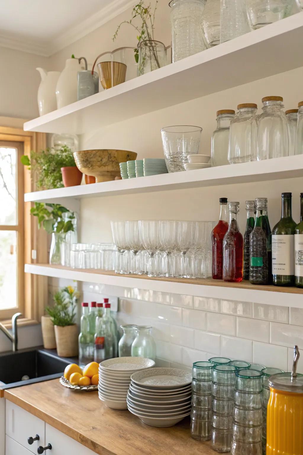 Open shelves replete with an assortment of glassware gracing a luminous kitchen.