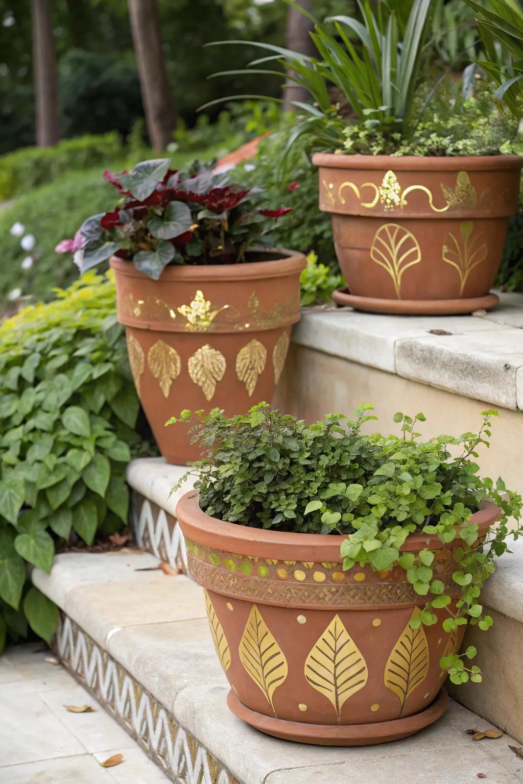 Produce striking contrasts with planters adorned in gold leaf.
