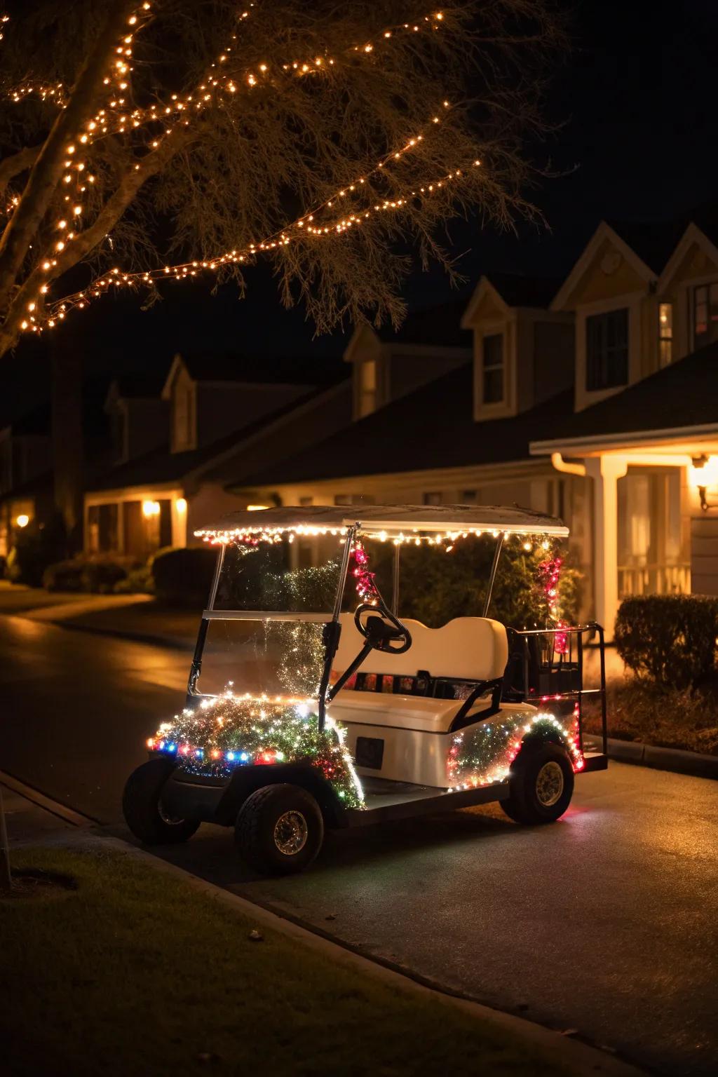 A golf cart shining brilliantly with festive illumination cables.