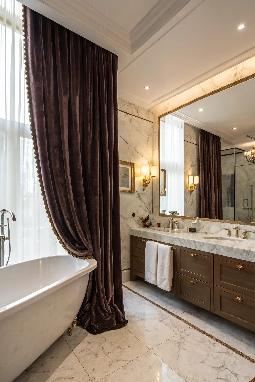 Velvet and marble contribute refinement and grandeur to this gothic bathroom.