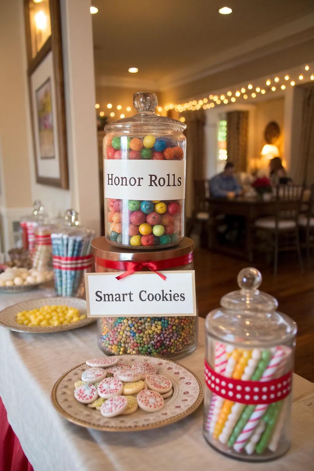 Whimsical candy labels bring a playful element to your graduation table.