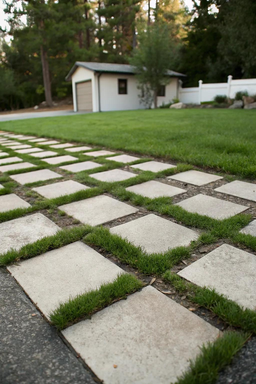 A striking checkered pattern blends turf and stone for a memorable impression.
