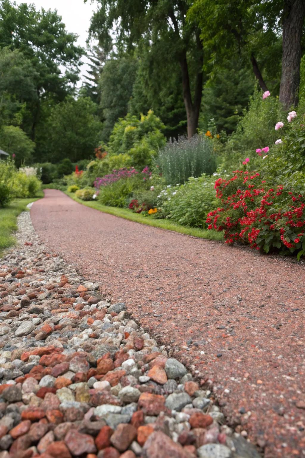 An assortment of vibrant gravel shades creates a distinctive driveway.