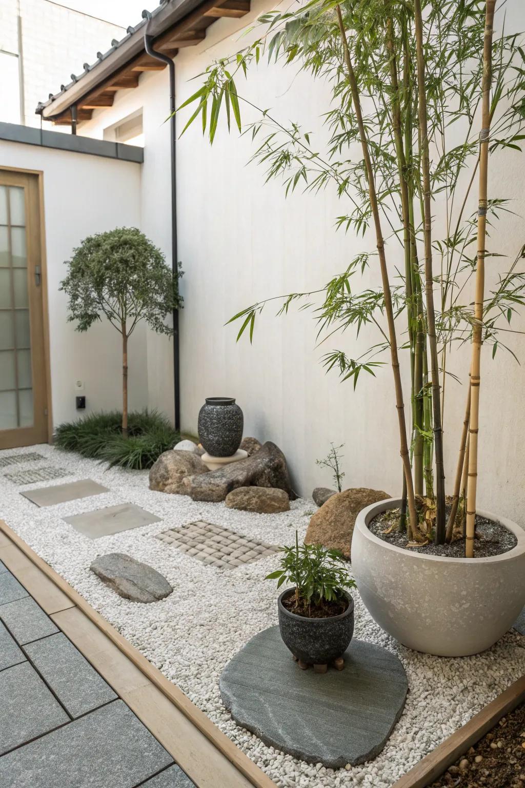 A minimalist Zen corner that provides a serene atmosphere in a gravel garden.