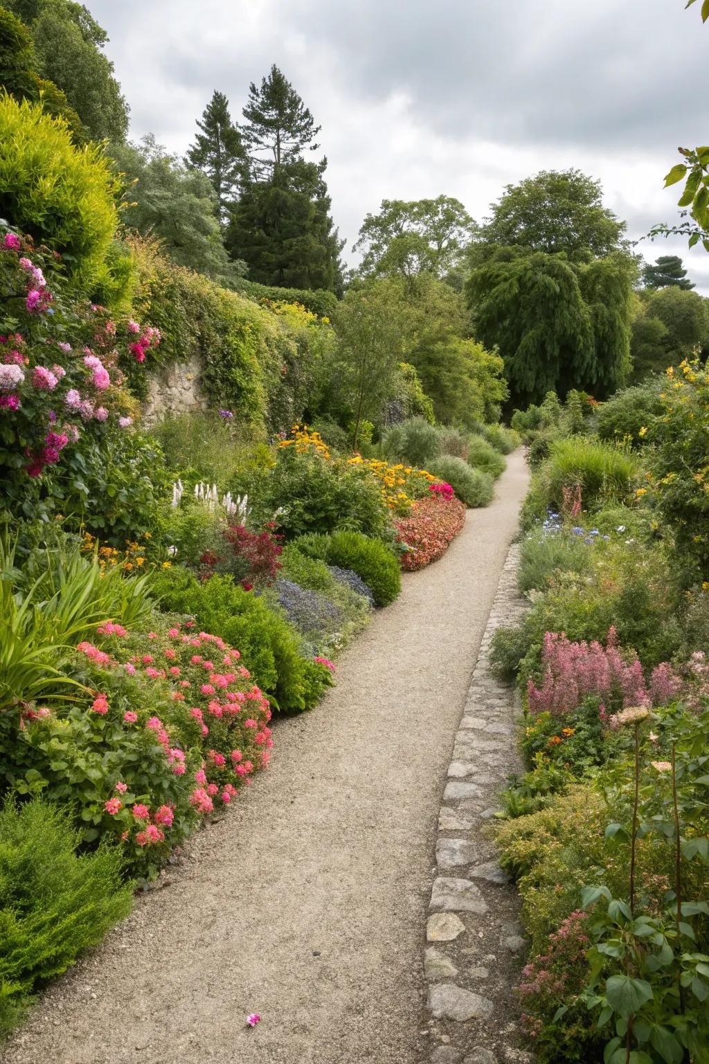 A gravel walkway blending seamlessly with the surrounding garden beds