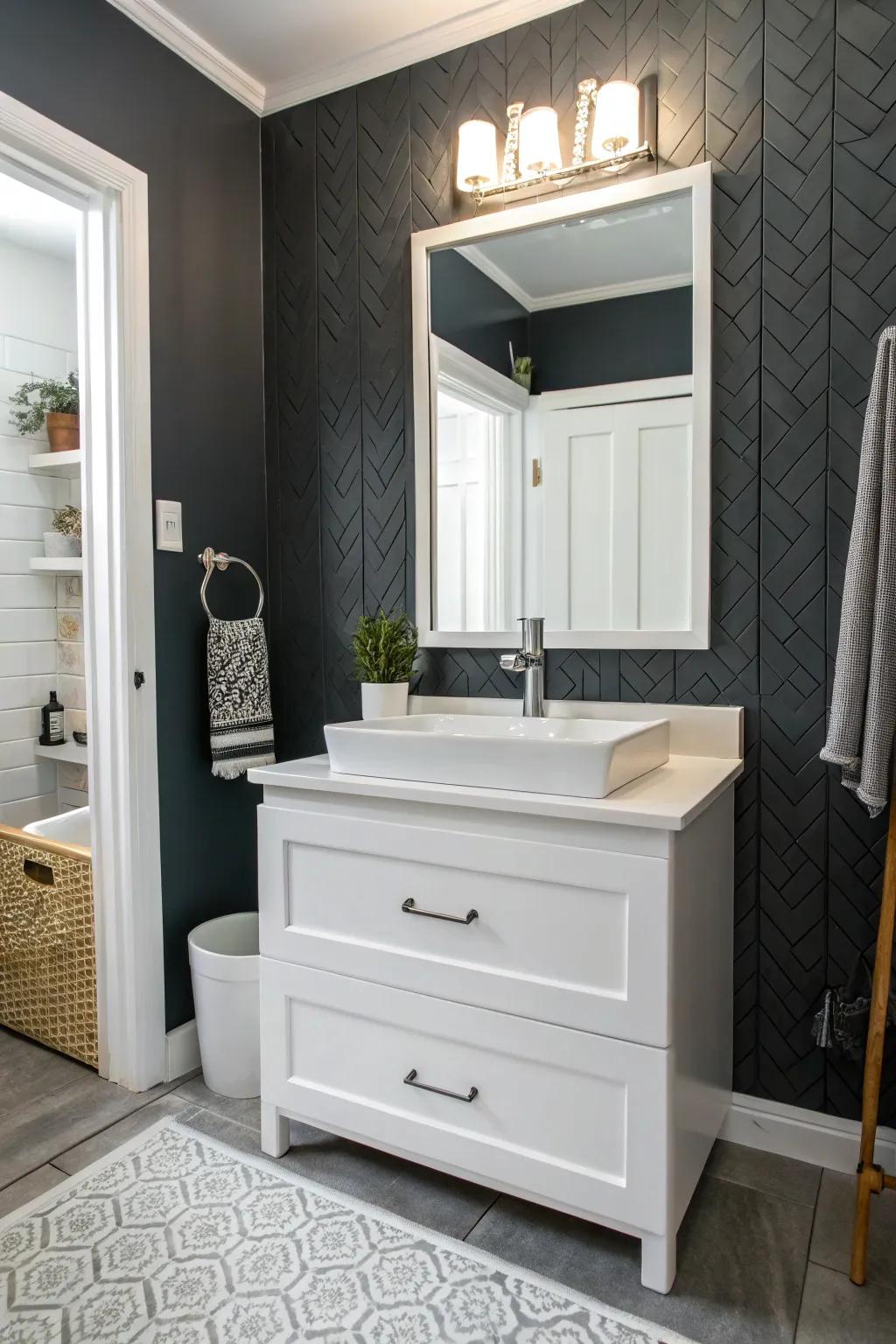 A charcoal feature wall infuses depth into this radiant lavatory.