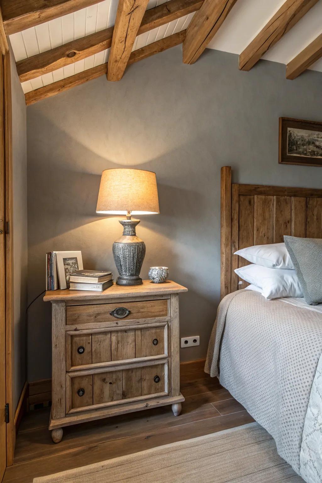 Comforting gray walls offset by timber details.