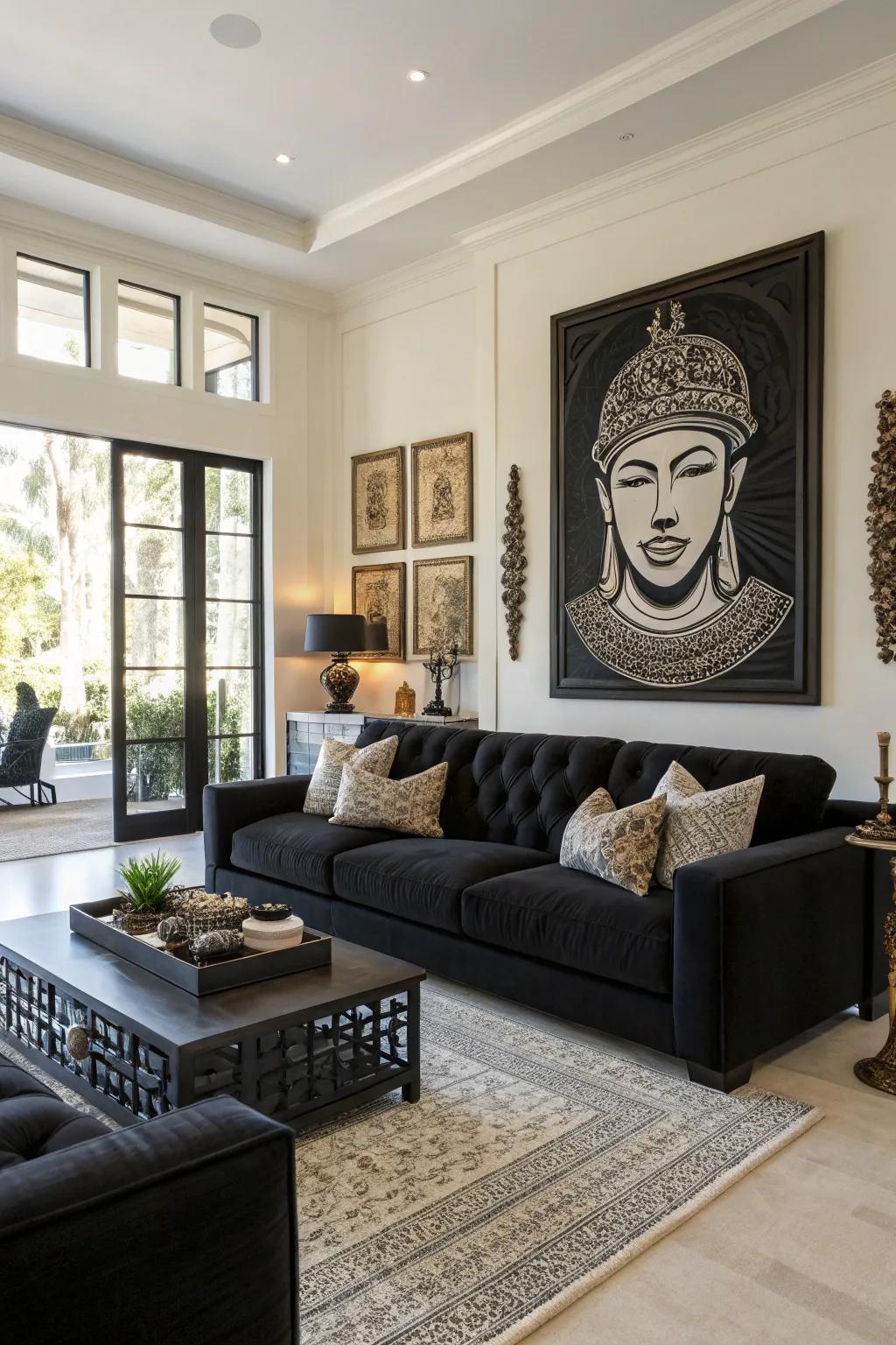 Striking black features introduce presence and depth to this living area.