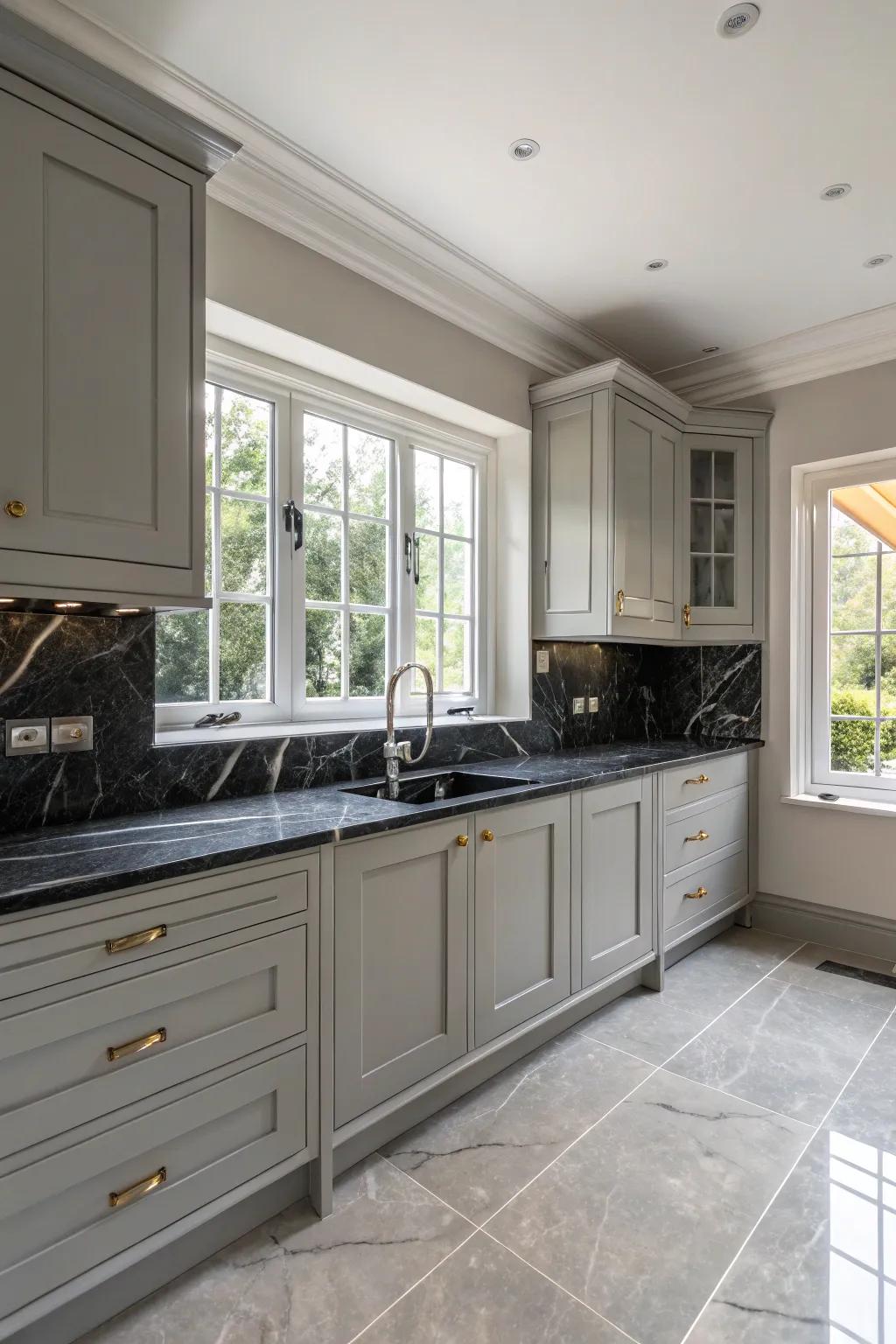 Elegant gray cabinets beautifully contrasted by luxurious black marble countertops.
