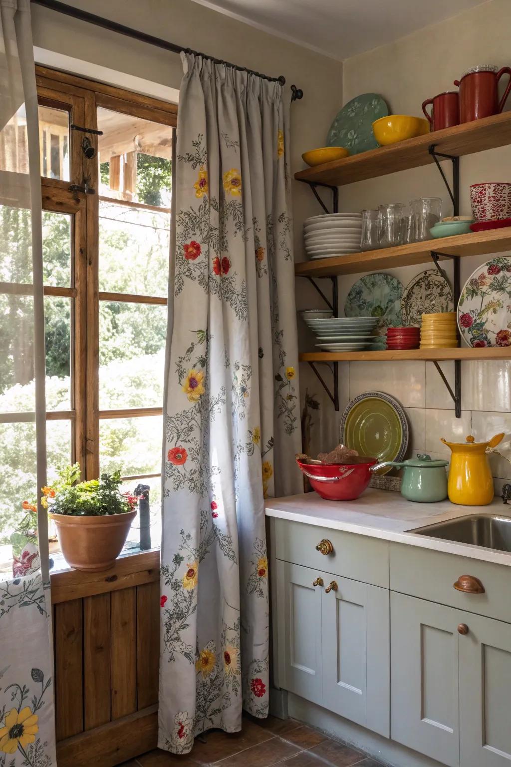 Embellished gray drapes inject a burst of character and flair.