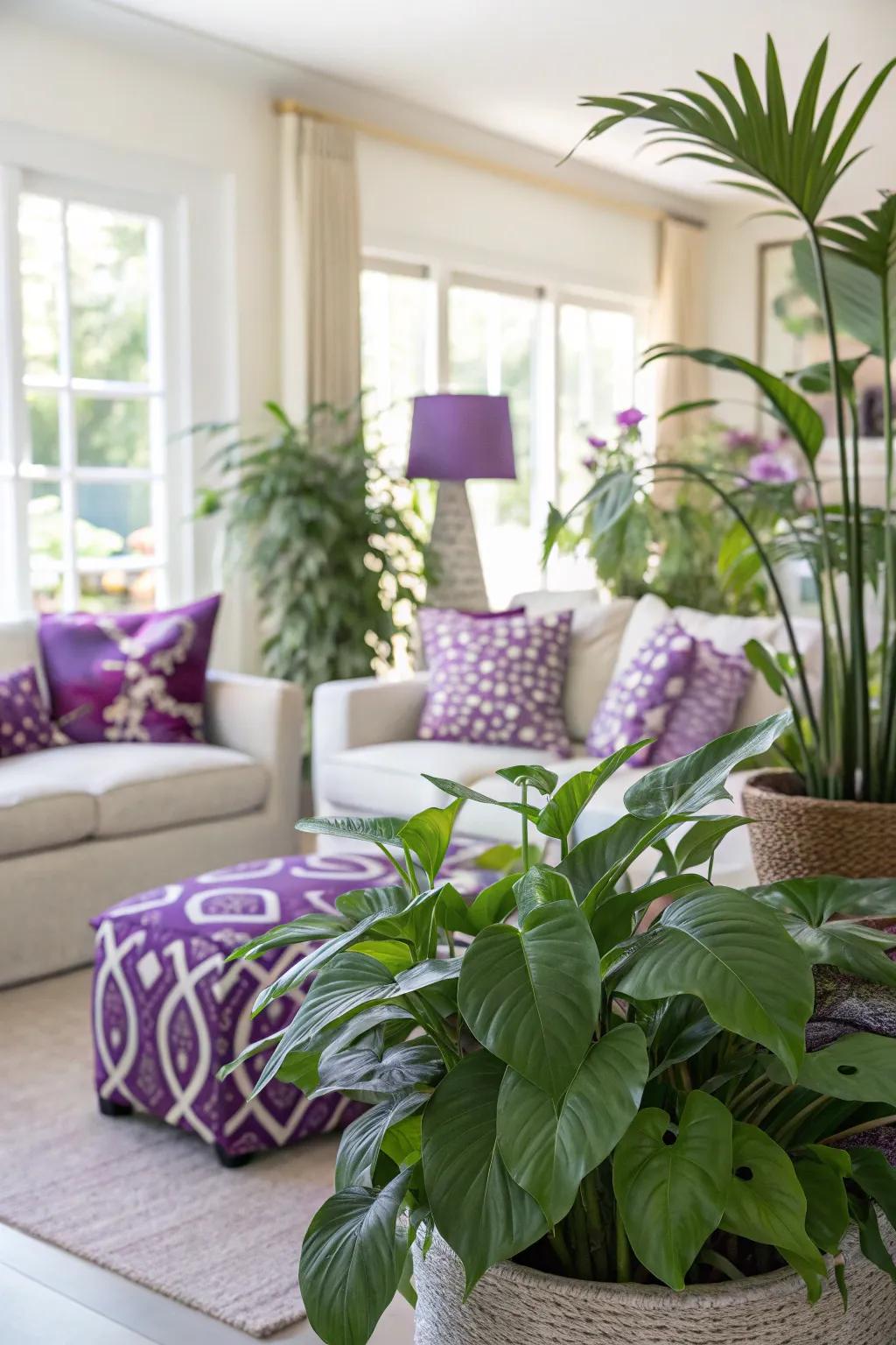 Lush verdant botanicals complementing a purple-themed living space.