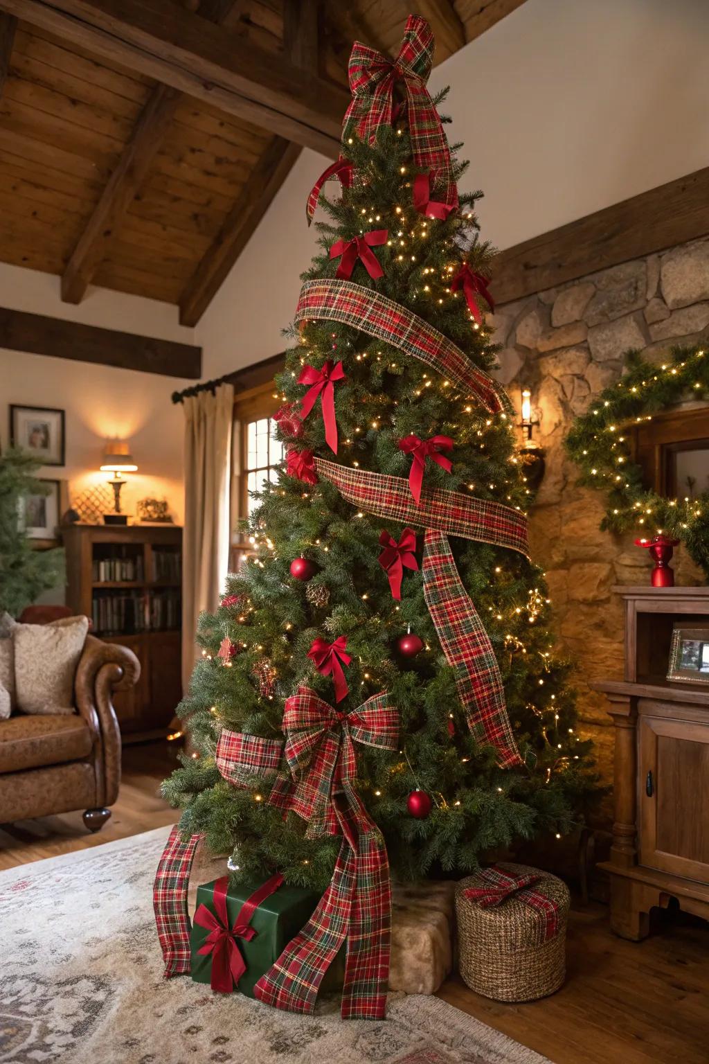 A countryside tartan-inspired Christmas tree accentuated with crimson and emerald tones.