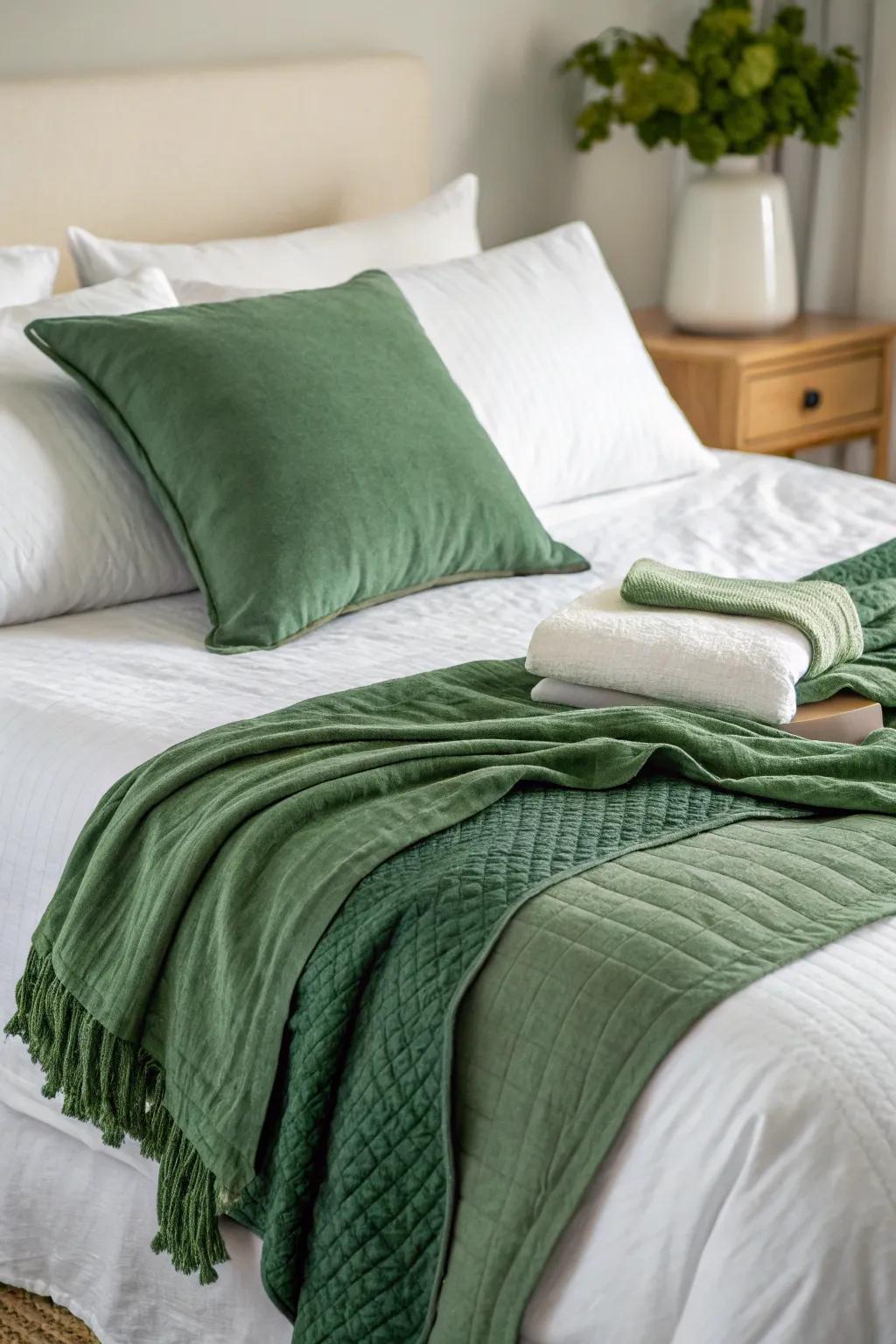 Carefully chosen textiles add comfort and layered style to a green and white bedroom.