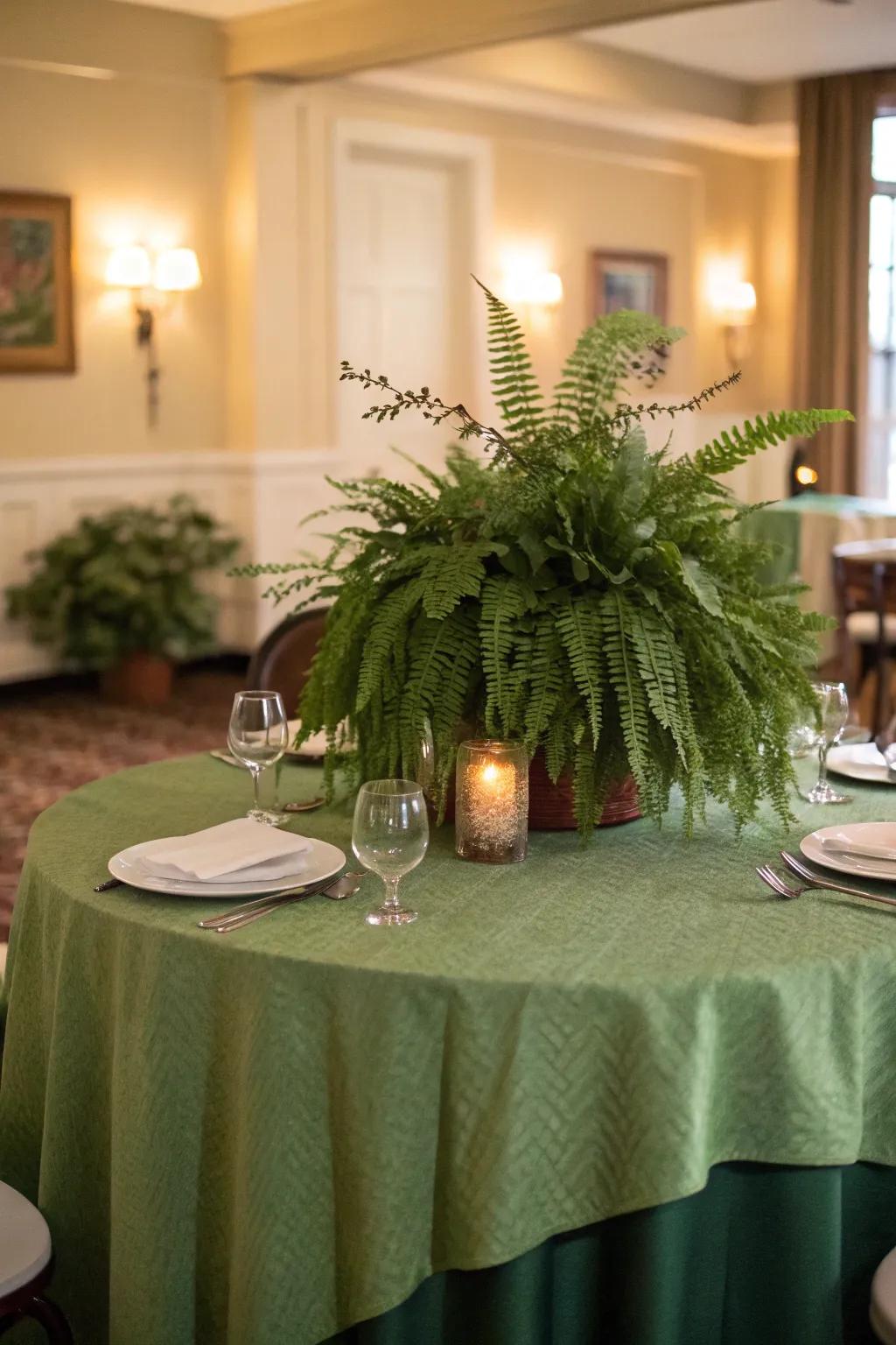 An elegant dining setup adorned with a verdant theme.