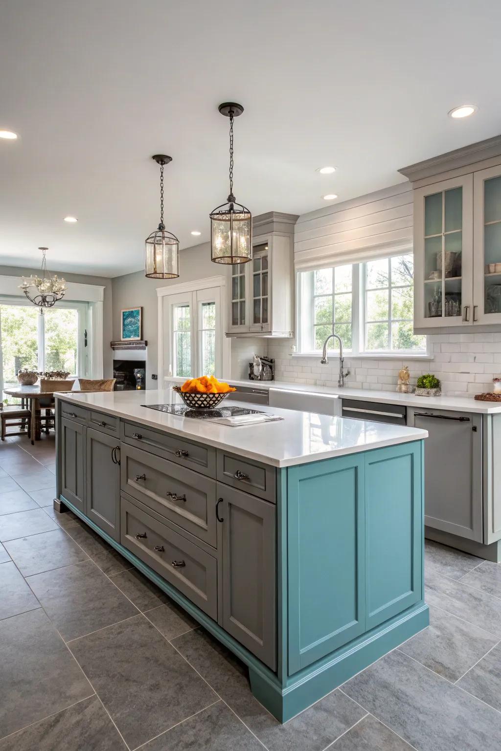 An aqua island transforms into the heart of the kitchen, encouraging dialogue and connection.