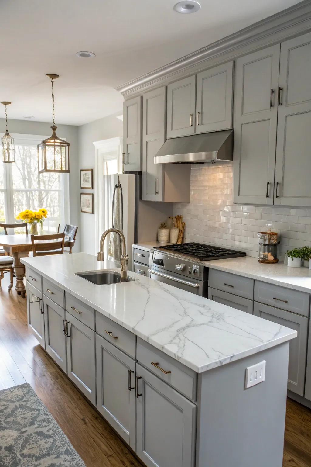 Sophisticated ivory stone worktops featured in a grey and white kitchen